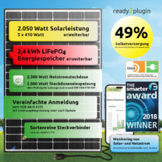 ready2use PENTA-Hybrid-Base-Kit 2.050/2.000 Watt 2,4 kWh Energiespeicher 2.300 Watt Notstromsteckdose Balkonkraftwerk Photovoltaik Komplettanlage